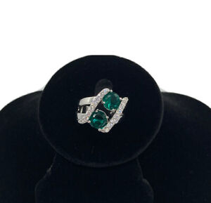 NWOT Simulated Emerald Bypass CZ Ring Sterling Rhodium Plated Cocktail 6.5