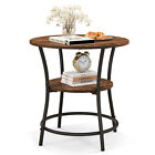 2-Tier Side Table Compact Round Metal Frame Coffee Table w/ Open Shelf Brown