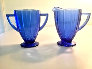 Juego de horquilla de vidrio crema y azúcar vintage Hazel Atlas azul cobalto Newport - Imagen 1 de 4
