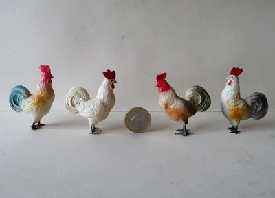 Coq et Poule Lot de 4 Celluloid Ancien 5Cm Pieds Plomb La Ferme 1900 Rooster - Photo 1/4