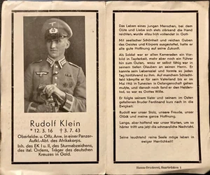 Sterbebild 2. WK Oberfeldwebel Afrikakorps gef. Tunesien 1943 wh Kurhof/ Saar - Bild 1 von 1