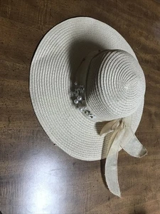 100% paper white sun hat Beige With Wide Ribbon Now & Pearl Like Trim - Picture 1 of 6