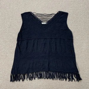 Y2K Hippy Top Womens Size 12 UK Black Fringe Tassel Shoulder Blouse Paris Et Moi - Picture 1 of 12