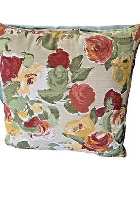 20" Floral Garden Print Cotton Barkcloth Fabric Corded PILLOW hand made New - Image 1 of 2