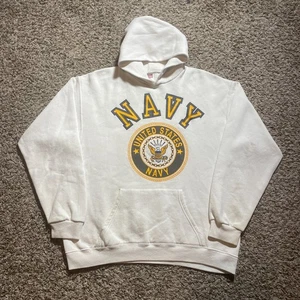 Vintage US Navy Hoodie Sweatshirt Size L White 80s Military Soffe - Pre-Owned - Foto 1 di 9
