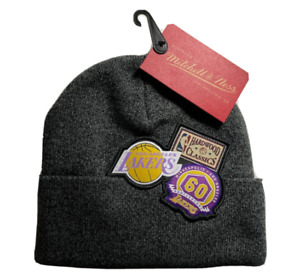 Los Angeles Lakers Beanie Unisex Adult Mitchell and Ness Team Patches Gray