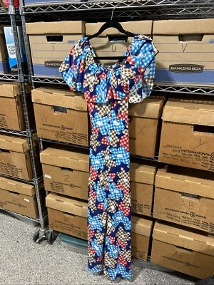 Maxi Vestido Vintage Años 70 Pequeño Jack Hartley Miami Multicolor Cuadros S Foto 1 de 4
