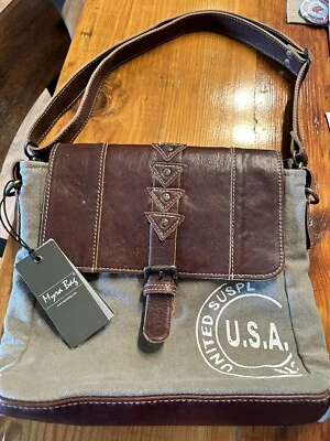 Myra Bags Leather  & Upcycled Canvas Medium Crossbody Bag NWT USA Brown Green - Image 1 of 4