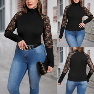 Slim Women's Roll Neck Knit Lace Long Sleeve Tops Casual T-Shirt Blouse Pullover - Picture 1 of 14