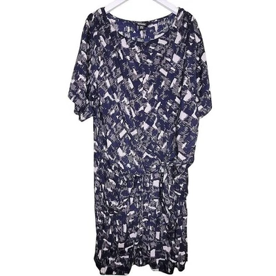 Vestido de Seda DKNY Donna Karan Talla Grande Azul Manga Corta Cambio Frontal Corbata Arte Foto 1 de 4