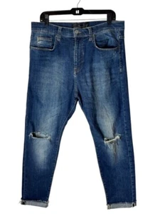 Zara Man Jeans Men 32 Blue Medium Wash Denim Distressed Faded Cropped Skinny - Picture 1 of 12