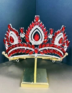 Quinceanera Crown, Ruby Rhinestone Crown, Large Size Crown, Silver Crystal Crown - Picture 1 of 7