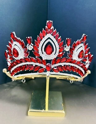 Quinceanera Crown, Ruby Rhinestone Crown, Large Size Crown, Silver Crystal Crown - Image 1 of 4
