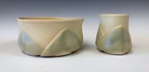 Lynn Trott Art Pottery Sand & Green Lotus Leaf 3 1/4" Cup and 5 3/4" Bowl Set