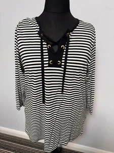 Michael Kors Women’s Striped Long Sleeved Tee Shirt Top Lace Up Front Size 1X - Picture 1 of 7