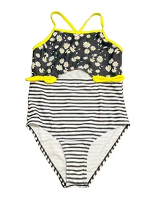 Real Love Girls Blue White Striped Flowers Yellow Bow One Pc Swimsuit 14/16 NWOT - Picture 1 of 12