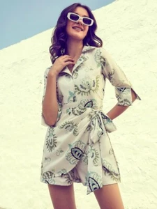 Green & White Linen Printed Jumpsuit For Women, Indo Western Outfit - Picture 1 of 8