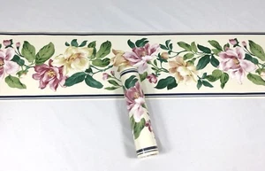 Wallpaper Border Seabrook Floral Large Pink Flowers Bloom Garden Beige Blue - Picture 1 of 5