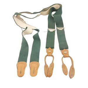 Vintage GREEN LL Bean Suspenders 1960s Leather Button Fasteners Mens Adjustable - Foto 1 di 10