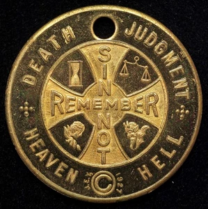 1927 Belleville, Illinois Death Judgment Heaven Hell Creotina Token Medal Brass - Imagen 1 de 2