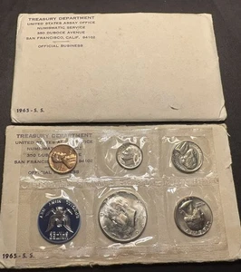 Two 1965 SMS (Special Mint Set 5-Coin With Silver Kennedy, One Still Mint Sealed - Picture 1 of 4