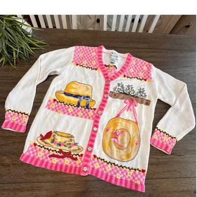 The Quacker Factory Womens Sweater Cardigan White Pink Hat Garden Embroidered  M - Image 1 of 4