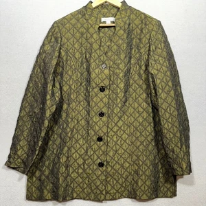 Coldwater Creek Green Gold Leaf Print Jacket  Large Button Front Elegant Shimmer - Picture 1 of 6