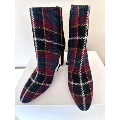 Manolo Blahnik Boots Wool Plaid Multicolor Zipper Block Heel Size 37 Womens New - Image 1 of 4