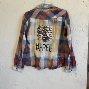 Upcycled Girls Flannel Plaid Long Sleeve Shirt Size M Mudd juniors Bleached OOAK - Picture 1 of 16