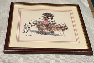 Jill Walker “Untitled” RARE ?Couple On Donkey Cart BARBADOS 1970’s Print Framed - Picture 1 of 4