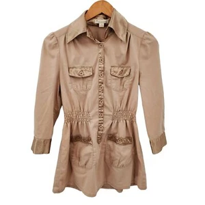 Womens Button Front Tunic Top Size S Beige Long Sleeve Collard Boho Career - Picture 1 of 10