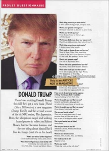 ARTÍCULO DE 1 PÁGINA DONALD TRUMP 'Cuestionario Proust' VANITY FAIR EE. UU. Septiembre 2004 - Imagen 1 de 1