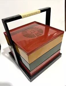 Vintage Japanese Jubako 3-Tier Colorful Stacking Bento Lunch Box w/Carry Handle - Picture 1 of 10