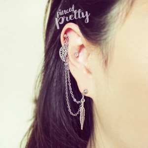Leaf & Feather helix to lobe chain earring, helix earring, handmade jewelry, 1pc - Picture 1 of 10