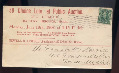 US  Advertising Cover (Public Auction) 1906 Boston, Mass to Somerville, Mass Cover