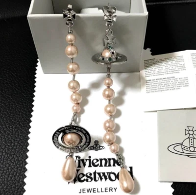 Vivienne Westwood Long Pearl Earrings Silver Pink Orb Drop with drawstring - Image 1 of 4