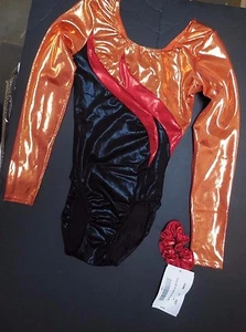NWT Axis Gymnastic Dance Long Sleeve Leotard Foil Red Black Orange petite adult - Picture 1 of 4