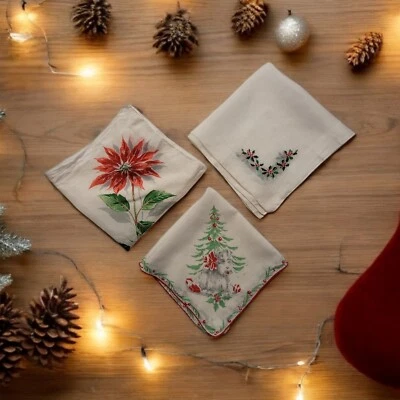 Pañuelos Vintage Navidad Bordados y Pintados Lote De 3 Vacaciones Tamaño Cóctel Foto 1 de 4