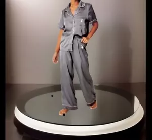 PLAYBOY Pajamas Grey W/ButtonUp Shirt & Comfy Bottoms W/🐰 Logo Embroidery Set - Picture 1 of 13