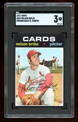 Карта ошибок Rod Carew WRONG BACK 1971 Topps Nelson Briles SGC 3 257 210 - Изображение 1 из 2