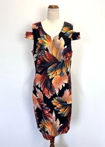Teaberry Womens Dress 14 Black Bright Feathers Print Pencil Office Business Work - Picture 1 of 14