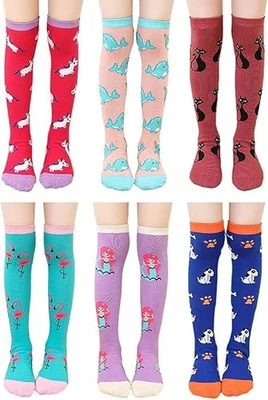 6 Pairs Kids Girls Novelty Cartoon Knee High Socks Cotton Soft Long Stockings - Image 1 of 4