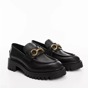 MANGO Women's Track Sole Leather Moccasins Loafers Black / Gold Size 39 - Picture 1 of 9