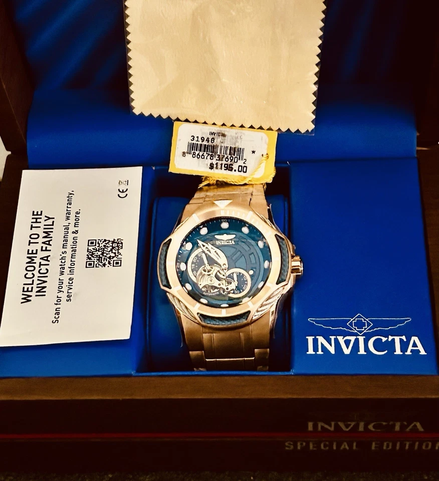 Invicta 31948 Bolt 51mm Blue Dial Automatic Quartz Gold Tone Bracelet Watch