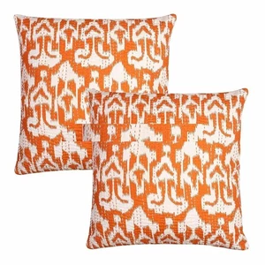 Traditional Handmade Cotton Kantha Work Embroidery Ikat Cushion Covers 16Inc 2Pc - Picture 1 of 7