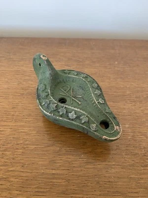 Ancienne Lampe A Huile Anno Santo Terre Cuite Verte 1974 1975 Vintage #C264 - Photo 1/4