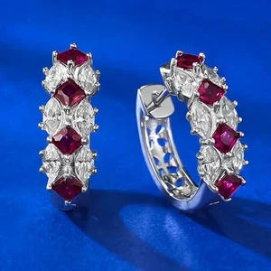 14K White Gold Plated 2Ct Princess Cut Lab Created Red Ruby Women Hoop Earrings - Picture 1 of 7