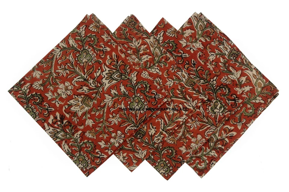 Kalamkari Hand Block Print Cotton Table Napkin 16" x 16" Maroon Color 4 PC's Set - Image 1 of 3