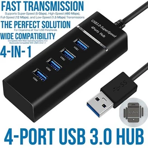 4 Port Hub USB 3.0 High Speed Multi Splitter 1.2m Long Desktop PC Laptop Adapter - Picture 1 of 11
