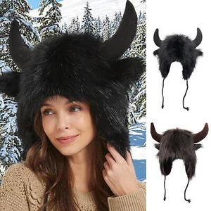 Plush Hat With Horns Winter Warm Fluffy Headwear Plush Earflap Hat - Picture 1 of 14